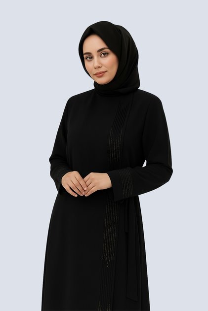 Taş Detaylı Kuşaklı Fermuarlı Şık Günlük ve Özel Gün Rahat Kesim Ferace Modeli Tesettür Elbise