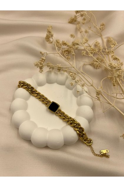 Stainless Steel Thick Gourmet Chain Black Enamel Detailed Gold Color Women's Bracelet – Statement Jewelry