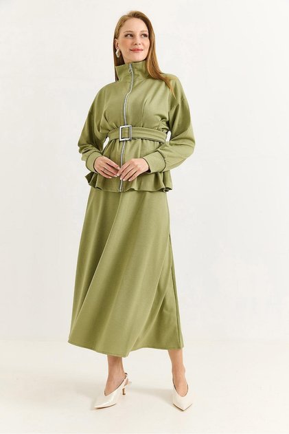Loyşa Waist Belted Double Set in Green