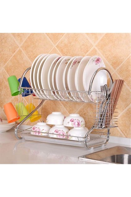 Double Stainless Steel Dish Drainer (2 Tiers, 42 x 25.5 x 38 cm)