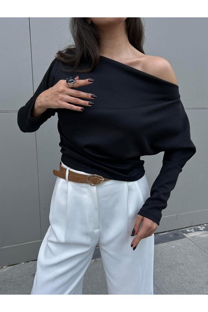 Schwarze langärmlige schulterfreie Bluse für Damen 30100