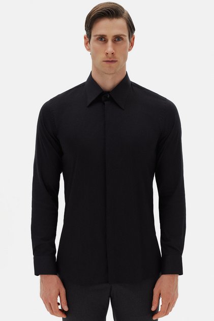 Slim Fit Siyah Düz Gömlek