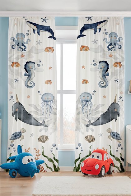 Blue Undersea Patterned Children's Baby Room Background Curtain (Single Panel Pricing)
