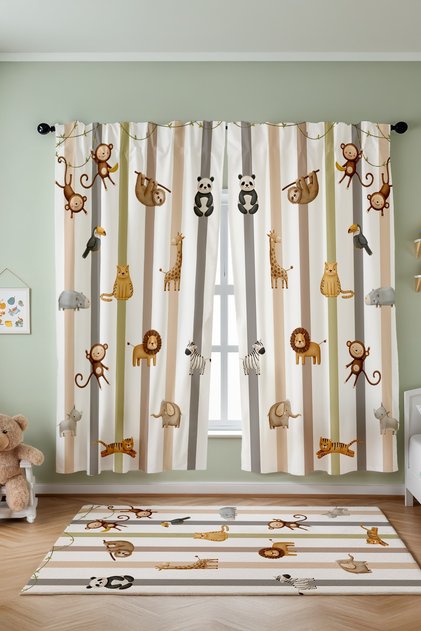 Lines and Animals Patterned Children's Baby Room Background Curtain (Single Panel Pricing)