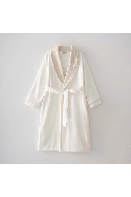 Mihra Women's Robe 100% Organic Cotton Hand Embroidered Cream