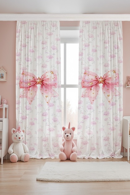 Pink Floral Star Bow Patterned Children's Baby Room Background Curtain (Single Wing Pricing)
