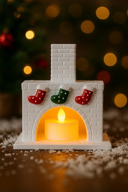 Mini Şömine Tealight Mumluk Dekoratif Obje Kış Dekoru Konsol Ünite Süsü Yeni Yıl Hediyesi -Mum Dahil