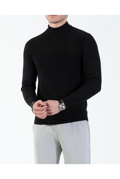 İtalyan stil slim fit erkek yarım balıkçı yaka triko kazak siyah T14874