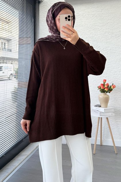 Corded Fabric Oversized Women's Sweater - Brown