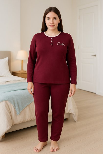 Women's Winter Burgundy Plus Size Button-Down Collar Long Sleeve Interlock Pajama Set