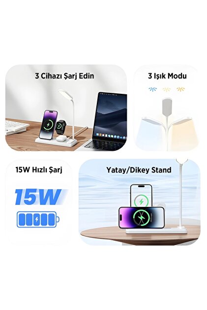 Bix BXMW8 3'ü 1 15W Kablosuz MagSafe Şarj Standı Telefon TWS