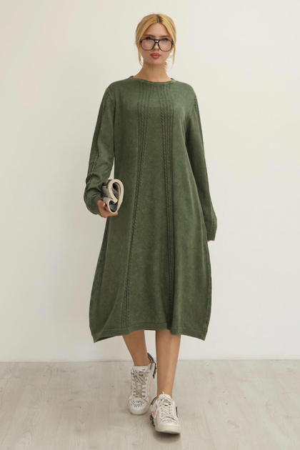 Women's Khaki Round Neck Patterned Pocketed Vintage Loose Cotton Knit Midi Dress