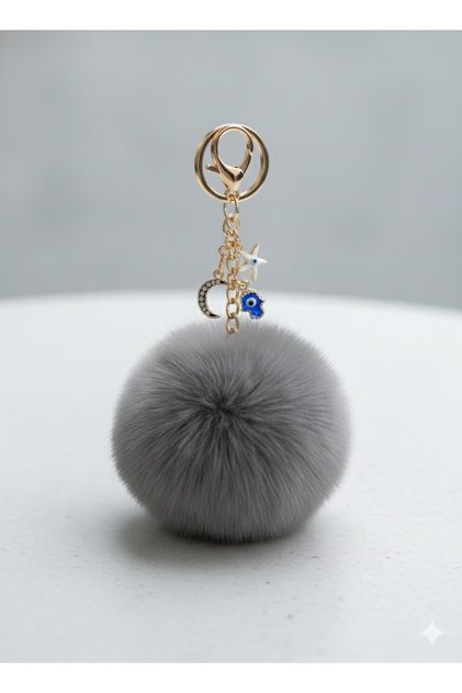 Plush Fluffy Pompom Puff Smoked Furry Triple Charm Home Office Car Phone Wallet Bag Keychain