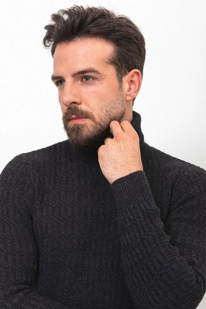 Örgü Desenli Slim Fit Tam Balıkçı Yaka Yün Erkek Kazak Siyah - 11399.22K