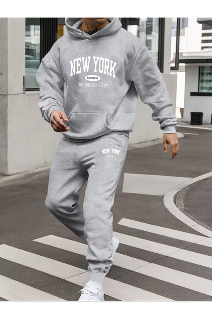 Unisex 3 Thread New York B Printed O Oversized K Hooded Tracksuit Set