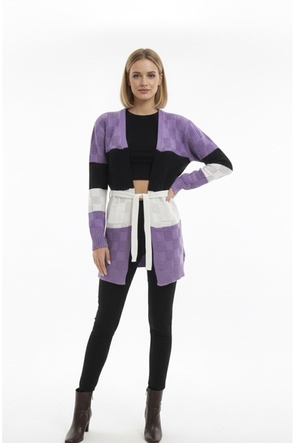 Kadın renkli cepli kuşaklı slim fit triko hırka