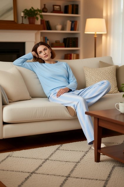 Kadın Antrasit Çizgili Pamuklu Pijama Takımı Fonksiyonel Dayanıklı Kaliteli Konforlu Rahat
