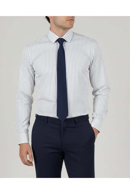 Italian Style S Slim Fit Striped Tie Collar Men's Shirt Black T13811