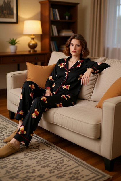 Women's Teddy Bear Pajama Set Shirt Collar Long Sleeve Functional Durable Quality Aesthetic