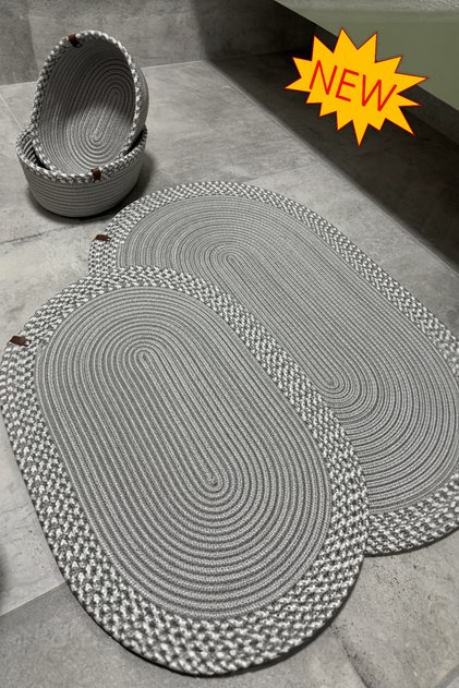 Serra 4-Piece Bathroom Set – 2 Oval Mats & 2 Oval Baskets, Natural Rope Weaving, Handmade - Premium