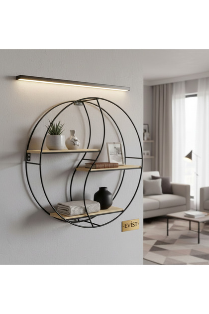 SEMBOL - YUVARLAK 3 KATLI METAL DEKORATİF DUVAR RAF 60 x 14 x 60 cm