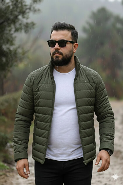 Men's Khaki Zippered Quilted Puffer Jacket