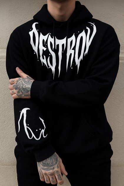 3-Thread Fleece with Oversized Pockets, Gothic'Destroy' Lettering B Printed Sweatshirt