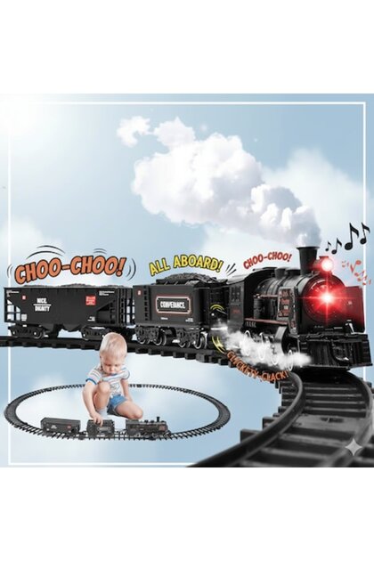 Set tren electric metalic cu lumini, sunete și abur (negru)