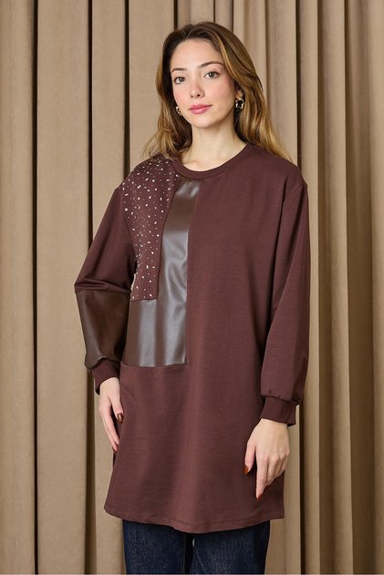 DERİ DETAYLI TAŞLI TUNİK