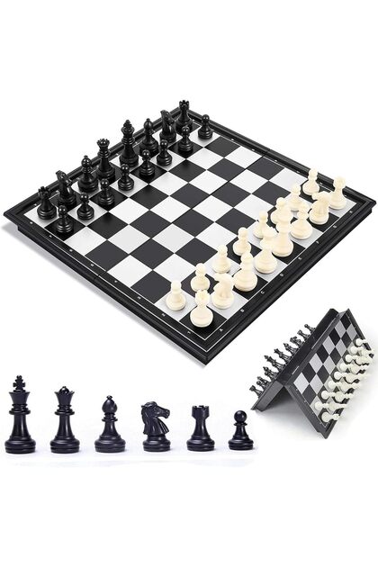 Magnetic Travel Chess Board Set, Foldable Portable Storage Board (Black/White, 25x25x2cm)