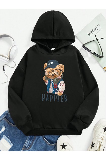 Enjoy Teddy Printed 100% Cotton Kangaroo Pocket Hooded Kids Sweatshirt