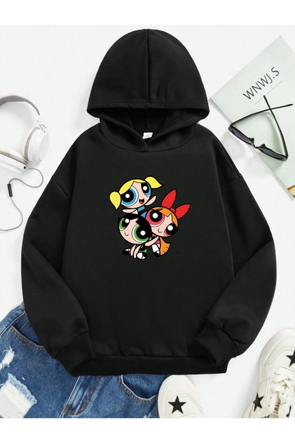 Powerpuff Girls Printed 100% Cotton Kangaroo Pocket Hooded Kids Sweatshirt