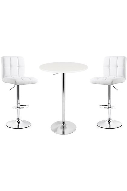 Crily 3 Piece Adjustable Round Mdf Wood Bar Table Set & 2 Box Style Pu Leather Bar Chairs, White