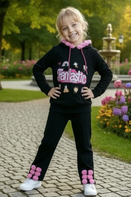 Girl's Printed and Pompom Tracksuit Set