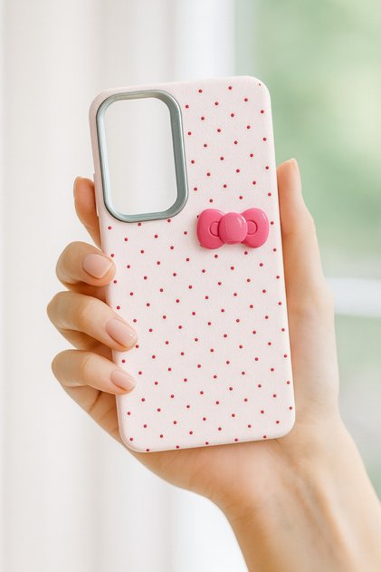 Samsung Galaxy A34 Case Pink Polka Dot Bow Detailed Leather-Look Stylish Design Case