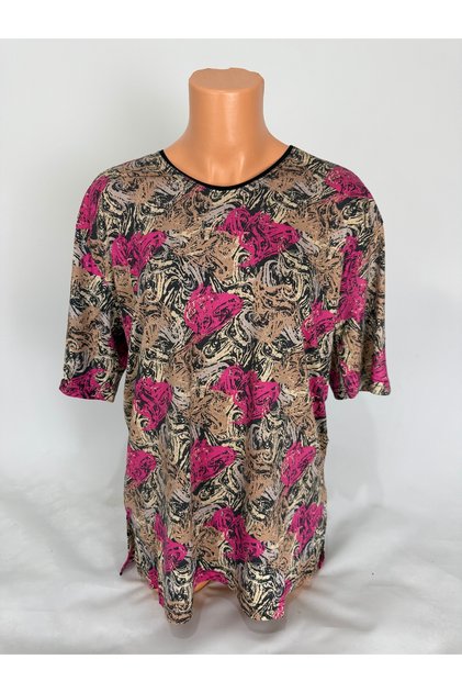 Women's Multi-Colored U-Neck Short Sleeve Patterned Slit Woven Viscose Mother Combed Cotton T-Shirt