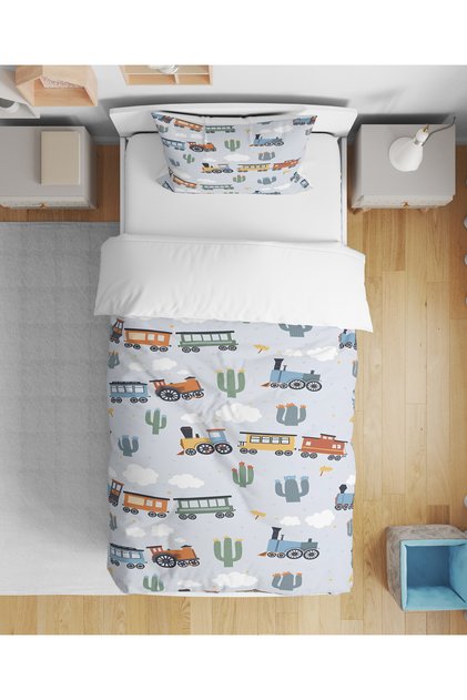 Train Patterned 3D Digital Printed Single Size Sheetless Children's Duvet Cover Set Sleeping Set