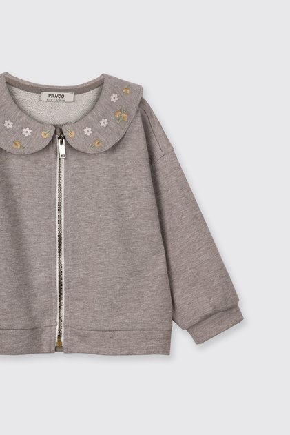 Kız Bebek Yakası Nakış Detaylı Fermuarlı Kahve Sweatshirt