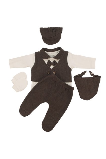 Baby Boy Ecru Brown Bow Tie and Hat Self-Contained Vest Set Five-Piece Hospital Discharge Set