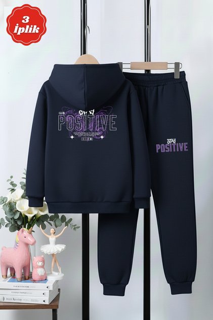 3 İplik K Hooded Winter Ş Fleece-Lined Girl's Tracksuit Set with Back Butterfly Print Detail and Kangaroo Pocket