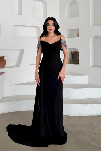 Black String Strap Shoulder Stone Detailed Y Slit Evening Dress