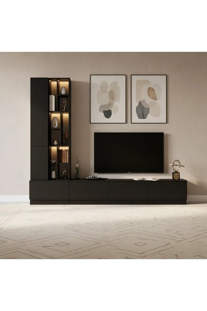 TV stand with side unit and lighting – Luxury black color – Model 61