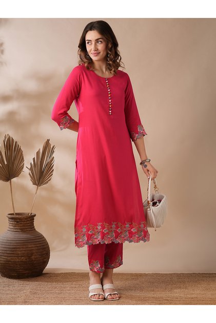 Pink Button Floral Scalloped Hem Kurta and Elasticated Pants Set