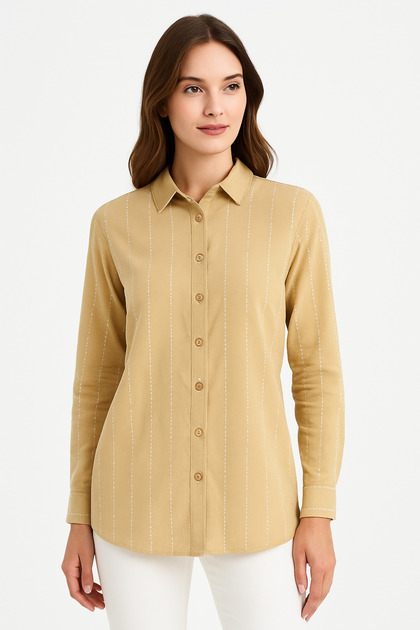 Beige Vertical Dot Striped Long Sleeve Linen Fabric Relaxed Fit Women's Shirt -