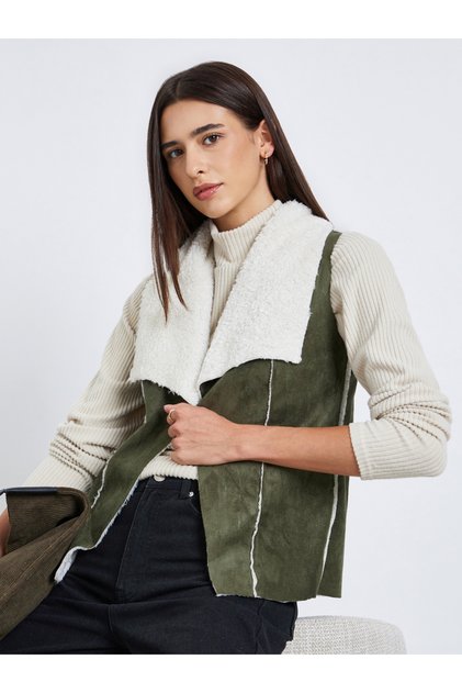 Suede Look Sleeveless Jacket with Inner Fleece
