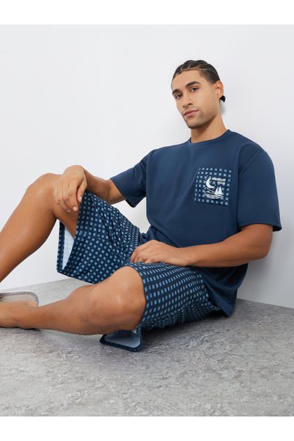 Men Navy Checked Relaxed Fit T-Shirt and Shorts Set