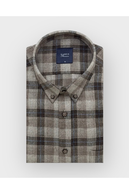 Regular Fit Winter Long Sleeve Buttoned Collar Plaid Beige Shirt 3874E