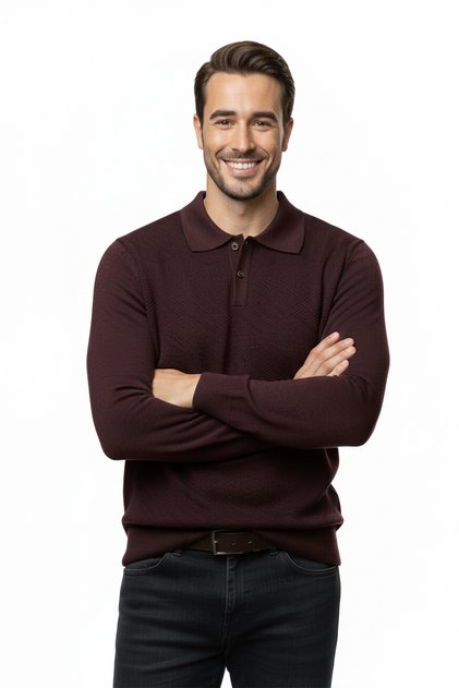 Erkek Desenli Polo Yaka Çıtçıtlı Kazak | %70 Pamuk