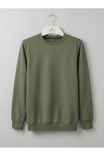 Unisex Khaki Green 2 Thread Cotton Crew Neck Sweatshirt - Casual Plain Basic Top