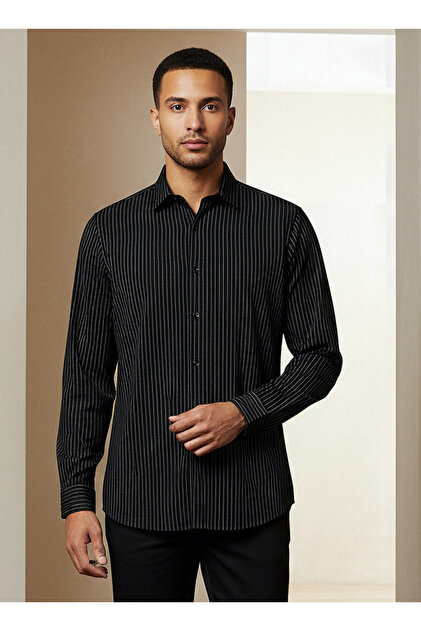 Men Regular Fit Button-Down Pinstripe Long Sleeve Shirt